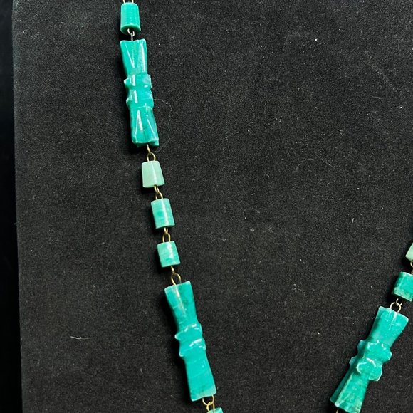 Vintage Inca Carved Sun God Cave Onyx And Gold Tone Hand Wired Necklace (3574) - Picture 5 of 7